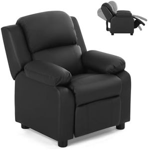 Costzon Kids Recliner, Leather Recliner Chair w/Footrest, Armrest Storage, Headrest & Lumbar Support, Ergonomic Lounge Chair for Living & Gaming Room, Adjustable Recliner Sofa for Boys Girls (Black)