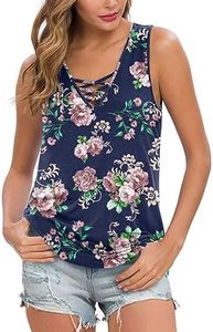 Feiersi Women's Summer Sleeveless Criss Cross Casual Tank Tops Basic Blouse(FP Crushed Rose Navy Blue Large)