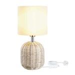 ArcoMead Woven Rattan Table Lamp with Drum Shade, Coastal Sunset White Fabric Nightstand Lamp Art Deco Bedside Desk Lamp for Living Room Bookcase College Dorm Farmhouse, Natural E14