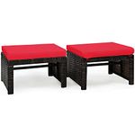 DORTALA 2 Piece Patio Wicker Ottomans, Outdoor Foot Rest with Cushions, PE Rattan Footstool for Patio, Garden, Poolside, Red