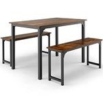 GiantexUK 3PCS Dining Table Furniture Set, 4-Person Wooden Bar Table with 2 Benches, Space-Saving Dinette Kitchen Table Set for Home, Living Room, Pub and Dining Room (Coffee + Black)