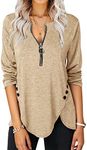 Women's Casual Long Sleeve Tunic Shirts Zipper V Neck Button Side Blouses Tops