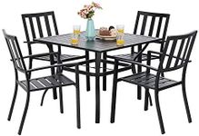 MFSTUDIO 5 Piece Metal Patio Dining Sets Outdoor Club Bistro Bar Sets with 1.57” Umbrella Hole, 4 Garden Backyard Metal Chairs and Larger Square Patio Table, Steel Slat Frame, Black …