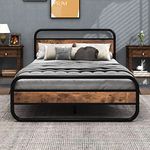 Diahomy Double Bed Metal Platform Bed Frame with Wood Headboard/Mattress Base/Metal Slat Support/Black and Brown