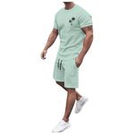 Men's 2 Piece Outfits Linen Shirt Pants Outfits Short Sleeve Shirts Yoga Pants Beach Wedding Suits Santa Outfit for Men 3X Men's Shorts Athletic Set(Mint Green,3XL)