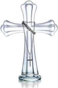 H&D HYALINE & DORA Clear Crystal Cross Standing,Crystal Holy Cross Figurine for Church Prayer Home Decor,Glass Cross Ornament for Prayer Memorial Catholic Gifts(Includes Necklace)