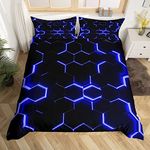 Loussiesd Honeycomb Bedding Set Neon Light Geometric Single Bed Cover for Kids Boys Geometry Duvet Cover Soft Microfiber Blue Black Hexagonal Comforter Cover Zipper with 1 Pillow Cases