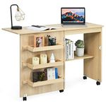 Multigot Folding Sewing Table, 2-in-1 Mobile Craft Table with Open Shelves and Rolling Casters, Sewing Machine Cabinet Computer Desk for Home Office (Beige)