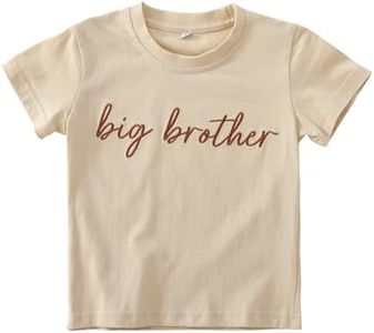 Big Brother T Shirt for Toddler Boy Announcement T-Shirt Sibling Reveal Embroidery Outfit Clothes 1t-5t, Short Sleeve Beige, 4T