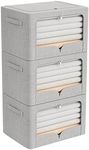 FHSQX 3 Pack Clothes Storage Bins Foldable Metal Frame Storage Box Extra Large Stackable Linen Fabric Organizer Set with Carrying Handles and Clear Window (Light Gray, 23.6x16.5x15.7inch(100L))