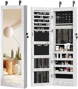 sogesfurniture Lockable Wooden Jewelry Cabinet Mirror Cabinet Chest Armoire Wardrobe Storage Organizer, Armoire Organizer with 6 LED Light, White BHCA-QH-7025