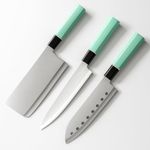 Machado Stainless Steel Japanese Nakiri Sashimi Sushi Fish/Meat Knife Set, Green Octagonal Handle (Set of 3)