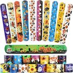 KUUQA 24 PCS Halloween Slap Bracelet Party Favors for Kids, Halloween Party Supplies and Decorations Snap Bracelets with Halloween Classies Pattern，Classroom Prizes Exchanging Gifts