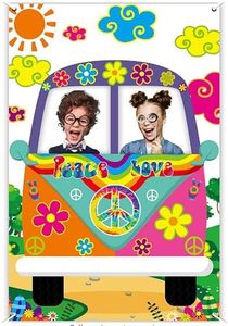 U-Vathing Hippie Bus Photo Prop Groovy Party Decorations, Fabric Two Groovy Van Prop Hippie Selfie Frame Backdrop, Background Banner Boho Party Decor Girl Daisy Party Decor 60's 70's Party Favors (B)