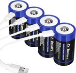 wowpower Rechargeable Lithium D Cell Batteries 7500mWh with USB-C Charging Cable, 4 Pack, 1.5V LR20 D Size Battery for Toys, Flashlight, Floodlight