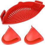 Silicone Clip-on Strainer Colander,DanziX Hands-Free Heat Resistant Drainer Filter for Colander and Sieve Snaps on Bowls,pots and Pans,with 2 Silicone Gloves-Red