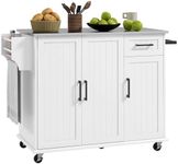 HOMCOM Kitchen Island with Storage, Rolling Kitchen Island on Wheels with Drawer, 3 Cabinets, Stainless Steel Countertop, Spice Rack and Towel Rack, White