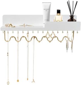 Lampaggio Hanging Jewelry Organizer with 29 Hooks and Cosmetics Shelf, Modern Wood Wall Mounted Jewelry Holder for Necklaces, Bracelets, Earrings and Rings, White