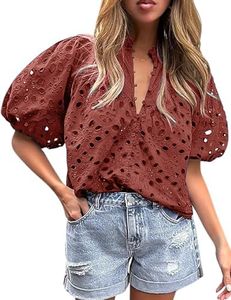 Yimoon Women's Eyelet Tops Puff Sleeve Hollow Out Embroidered Tops Dressy Casual White Blouse V Neck Top Button Down Shirts, Brickred, X-Large