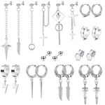 JeryWe 22Pcs Dangle Earrings for Men Stainless Steel Hinged Hoop Earrings Long Chain Stud Cross Dangle Earrings Set Kpop Earrings for Mens (White)