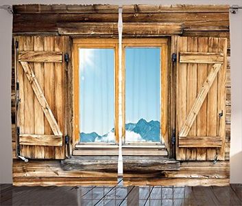 Ambesonne Shutters Decor Collection, Weathered Facade of A Mountain Hut with Mountain Reflection in The Window Picture, Living Room Bedroom Curtain 2 Panels Set, 108 X 84 Inches, Beige Blue Teal