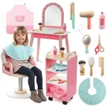 Pretend Hair Salon Wooden Play Set- Full Vanity Mirror Playset w Chair & Rolling Cart- Includes Blow Dryer, Brush, Styling, Cutting Tools - Girls Hair Dresser Stylist Fun, Kids Beauty Care Xmas Gift