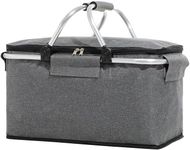 Insulated Folding Picnic Basket Cooler,Picnic Basket with lid 19L Extra Large Insulated Cooler Bag Easy Storage Compact Design Wine Picnic Basket, Grey