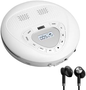 Rechargeable Portable CD Player with Earphones - August SE10W - USB-C Personal CD Walkman with Anti Skip Protection, Repeat, EQ, PROG, MP3 Micro SD Card Mode - Small Size for Car, Home, Travel - White