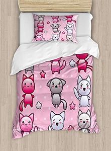 Ambesonne Anime Duvet Cover Set, Kitty Doodles with Emotions Funny Animal Lover Theme Japanese Art Print, Decorative 2 Piece Bedding Set with 1 Pillow Sham, Twin Size, Purple Pink