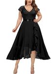 Miusol Women's Plus Size V Neck Floral Lace Ruffle Asymmetrical Hemline Elegant Bridesmaid Maxi Dress Black