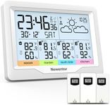 Newentor Weather Stations Wireless Indoor Outdoor Multiple Sensors, Indoor Outdoor Thermometer with Atomic Weather Clock Battery Powered, Temperature Humidity Monitor and Barometer for Home, White