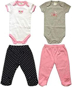 Spasilk Newborn Baby Layette Set, Short Sleeve Bodysuits and Pull-On Footed Pants, 4 Piece, Pink and Grey, 9 Months