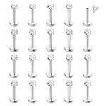 CASSIECA 20Pcs 16G Hypoallergenic Stainless Steel Lip Studs Labret Piercing with 3mm CZ Cartilage Tragus Helix Monroe Piercing Stud Jewelry 10mm