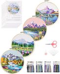 ECYANER 4 Set Embroidery Kit for Beginners, Cross Stitch Kits for Adults with Snowy Mountain Pattern Hand Include Embroidery Cloth Hoops Threads