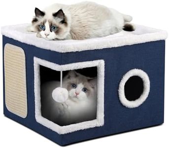 Lits d'intérieur Pliables pour Chat, 43 x 43 x 32 cm, Grande Maison pour Chat avec condo Confortable, Boule Suspendue, fenêtre Ronde, Cube pour Chat à 2 Niveaux avec Coussins Doux Double Face, Bleu