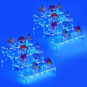weddingwish 4 Tier Acrylic Display Stand with Light, 2-Pack Clear Cupcake Stand Holder, Cupcake Display Stand for Party, Acrylic Display Stand Risers for Figures, Dessert, Cupcakes