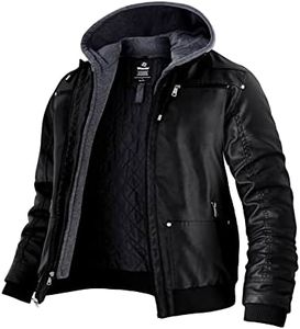 wantdo Men's Motorcycle Leather Jacket Hooded Warm Winter Jacket Large Black(Thick)