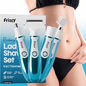 Frizty Bikini Trimmer For Woman | 4 In 1 Rechargeable Face & Body Trimmer For Woman with 4 Heads | Bikini & Body Shaver, Face & Eyebrow, Nose and Ear Trimmer | Blue