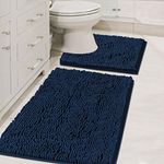 H.VERSAILTEX Original Shaggy Chenille 2 Piece Bath Rug Set, 20x20 Square U-Shape Contoured Toilet Mat & 32x20 Carpet Rug, Machine Wash/Dry Mats, Soft, Plush Rugs for Tub Shower (Navy)