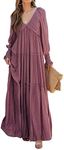 R.Vivimos Maxi Dress for Women Long Sleeve V Neck Empire Waist Layered Ruffle Boho Casual Flowy Long Dresses (Medium, DarkRose)