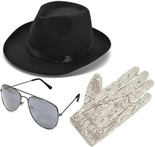 Dreamzfit - Ensemble chapeau Michael Jackson, gant à paillettes et nuances d'aviateurs pour homme – Pop Star, déguisement de gangster (noir)