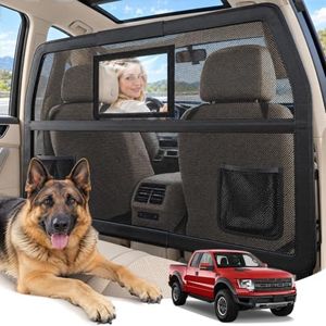 56'' Dog Car Barrier for Cars SUVs Trucks, Universal Dog Car Divider for Back Seat & Cargo Area, Chew-Proof Transparent Net and Sturdy Metal Frame, with High-Visibility Window and 2 Storage Pockets