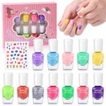 ETYJO Nail Varnish Sets for Girls, 12 Candy Colors Non-Toxic Peel-Off Kids Nail Polish Sets with Flower Nail Stickers, Quick Dry Water-Based Kids Nail Varnish Set Gift for Teenage Girls 3+
