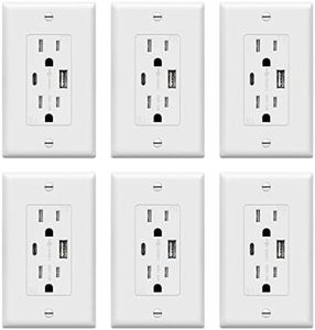 TOPGREENER USB Outlet, Type C & Type A USB Wall Charger Outlet, 15 Amp TR Receptacle Plug, Charging Power Outlet with USB Ports, Wall Plate Included, UL Listed, TU21536AC-W-6PCS, White, 6 Pack