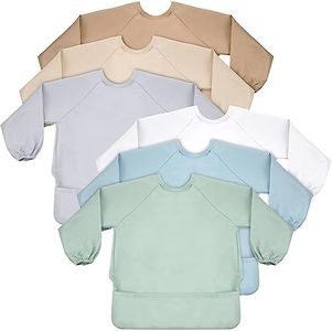Jeyiour 6 Pack Long Sleeve Baby Bibs Mess Proof Bib Washable Feeding Bib Waterproof Smock Bib for Infant Toddler 6-24 Months(Simple Style)