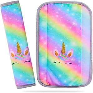 Bienbee Car Seat Belt Covers for Kids 2 Packs Seat Belt Cushion Unicorn Car seat Straps Covers Cute Seatbelt Shoulder Pads Neck Shoulder Support Seat Belt Pillow for Girls Boys Smile Rainbow