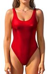 SHEKINI Women's Metallic Shiny Bathing Suit Scoop Neck Backless One Piece Swimsuits(Bright Red, Large)