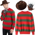 The Fancy Dress® Men's Halloween Nightmare On Elm Street Costume Red Green Stripe Knitted Jumper Explore Hat Claw Gloves Fancy Dress Outfit (Medium)