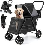 Maxmass Pet Stroller, Travel Dog Buggy with Adjustable Canopy, Safety Belt, Dual Entry and Ramp, Foldable Puppy Pushchair for Small Medium Dogs Cats