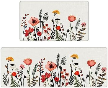 Serwrsw Colorful Flower Fern Kitchen Mats 2 Piece for Floor, Multi Colored Floral Kitchen Rugs Sets of 2, Non Slip Washable, 17"x47"+17"x29", Off White